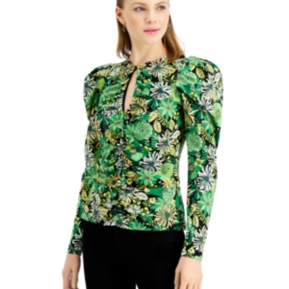NWT I.N.C. International Concepts Puff Sleeve Keyhole Floral Green Shirt Top XS